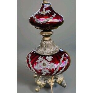 32" Antique, Hollywood Regency? 2 Tiered, Ruby Red Lamp W/  Roses, Brass Footing